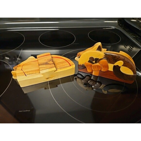 Carver Dan Wooden Sleeping Cat Puzzle Box Trinket Jewelry Box Hidden Compartment - Picture 4 of 7
